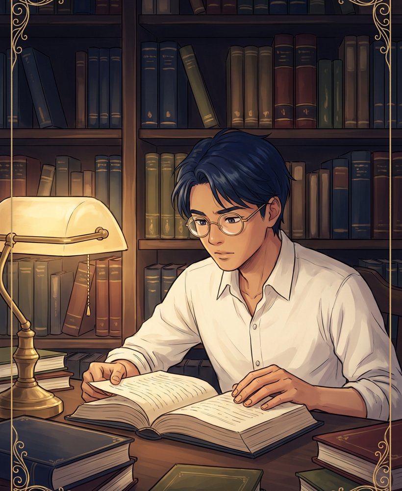 Ilustrasi bergaya light novel: seorang pria berkacamata membaca buku terbuka di depan rak buku yang dipenuhi, diterangi cahaya lampu keemasan.